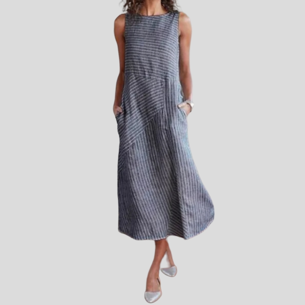 🆕 Blue Linen Maxi Tank Dress Sleeveless Pockets Chambray Pinstripe High Collar